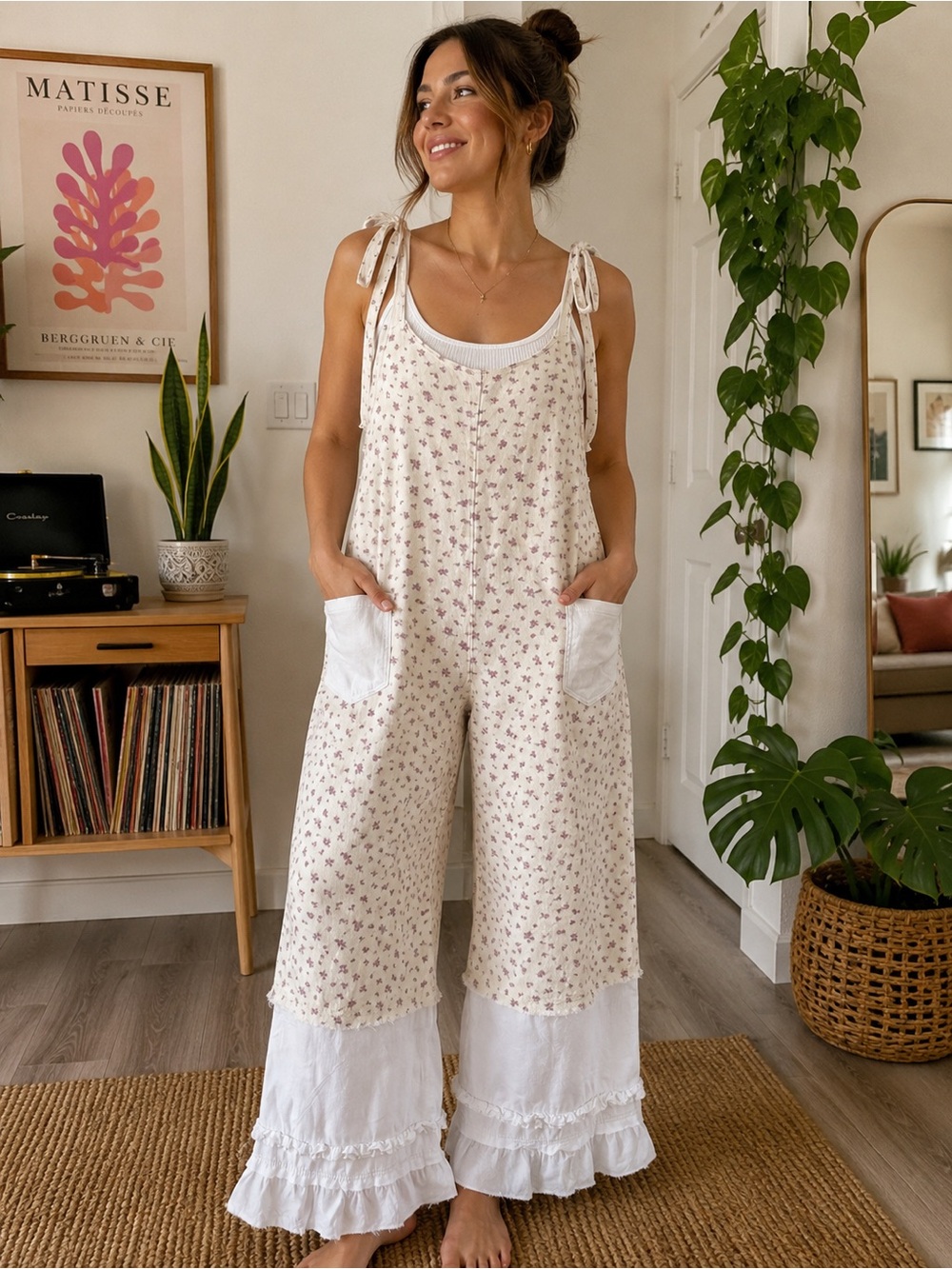 POL Floral Cream Overalls